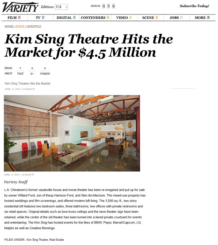 Kim Sing Theatre for Sale Variety Real Estate Article